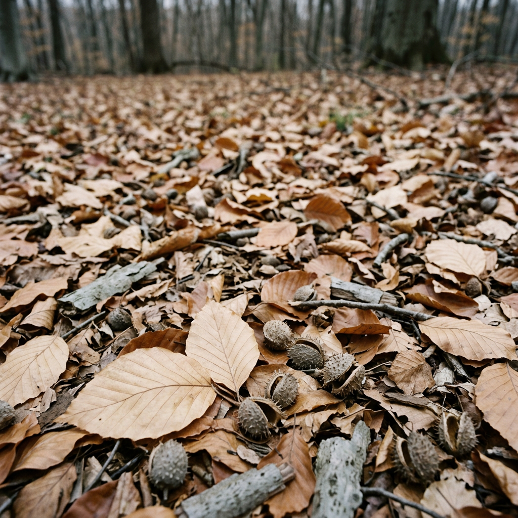 Beech leaf duff — what the ground looks like where Bear's Head Tooth fruits