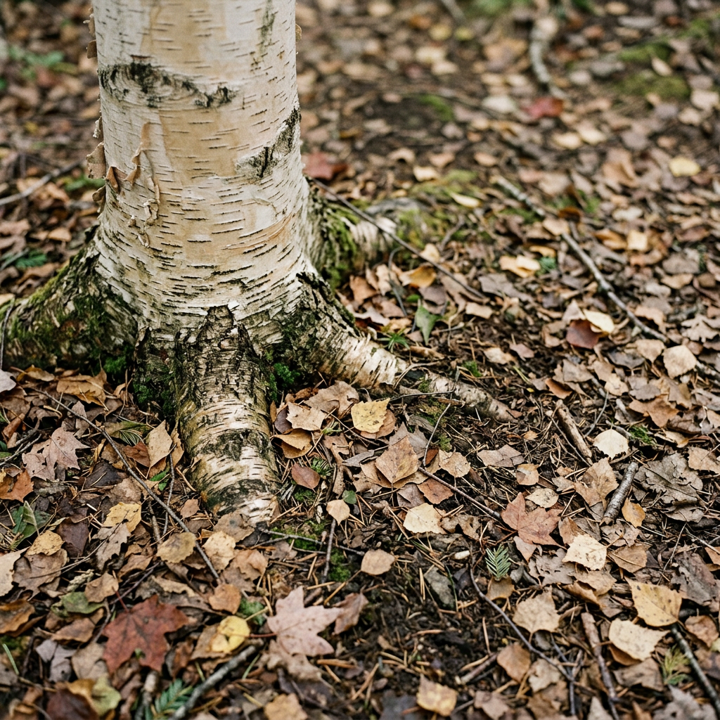 Base of a standing birch — what the ground looks like where Chaga fruits