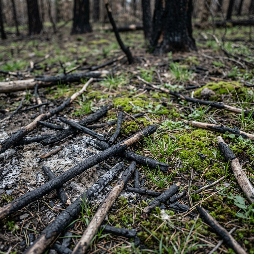 Recent burn scar — what the ground looks like where Orange Peel Fungus fruits