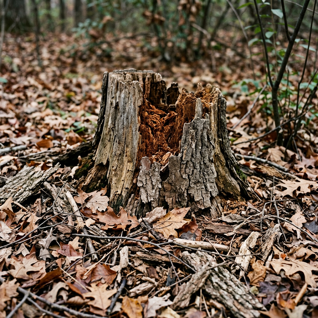 Dead hardwood stump — what the ground looks like where Devil's Urn fruits
