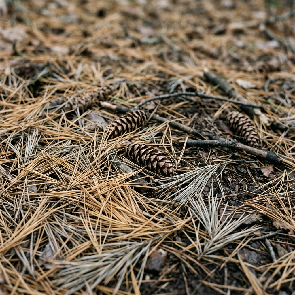 Eastern white pine needles — what the ground looks like where Painted Bolete fruits