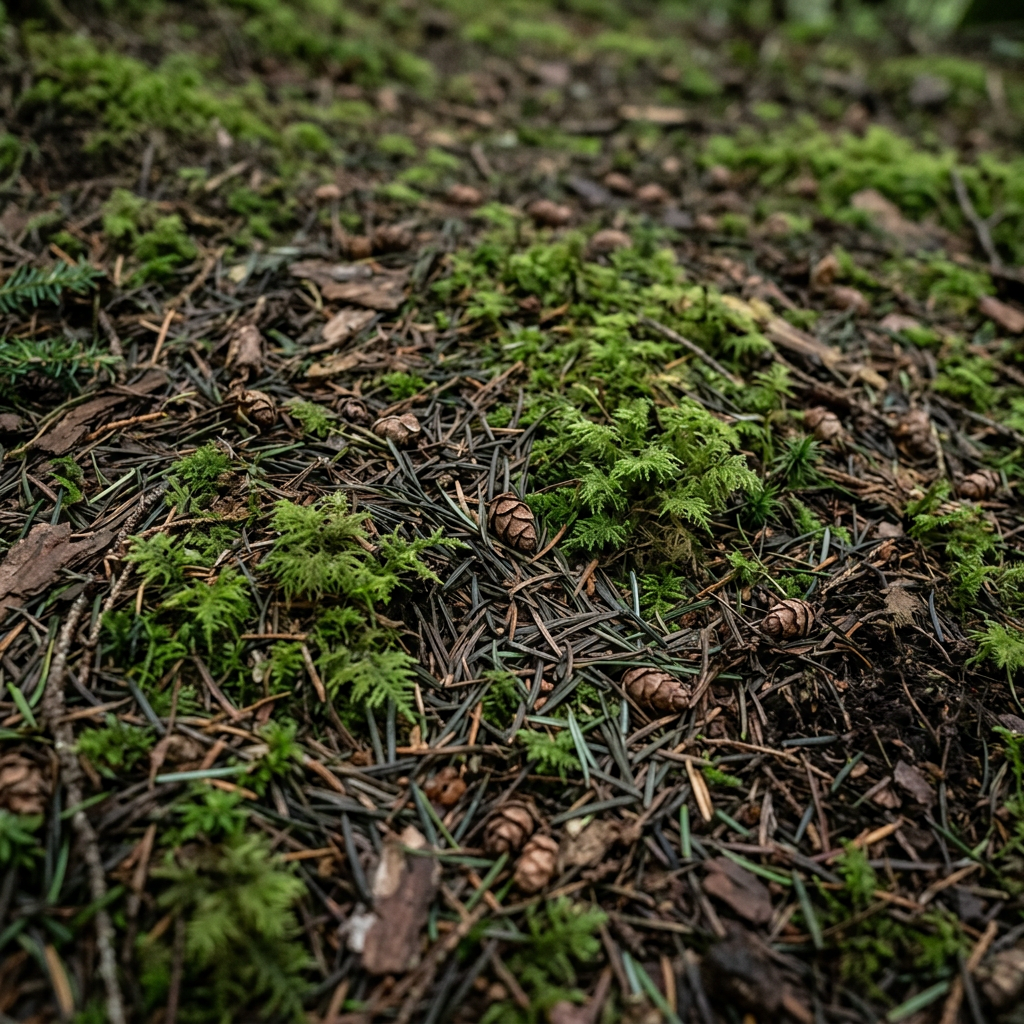 Hemlock mossy floor — what the ground looks like where Rainbow Chanterelle fruits