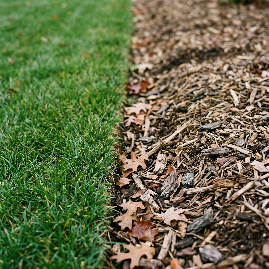 Lawn and wood-chip edge — what the ground looks like where Bottle Cap fruits