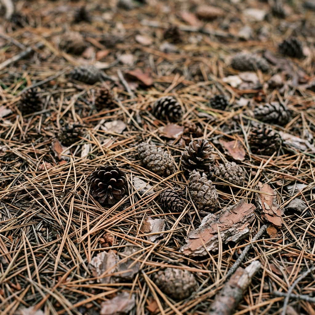 Mixed conifer duff — what the ground looks like where Blusher fruits