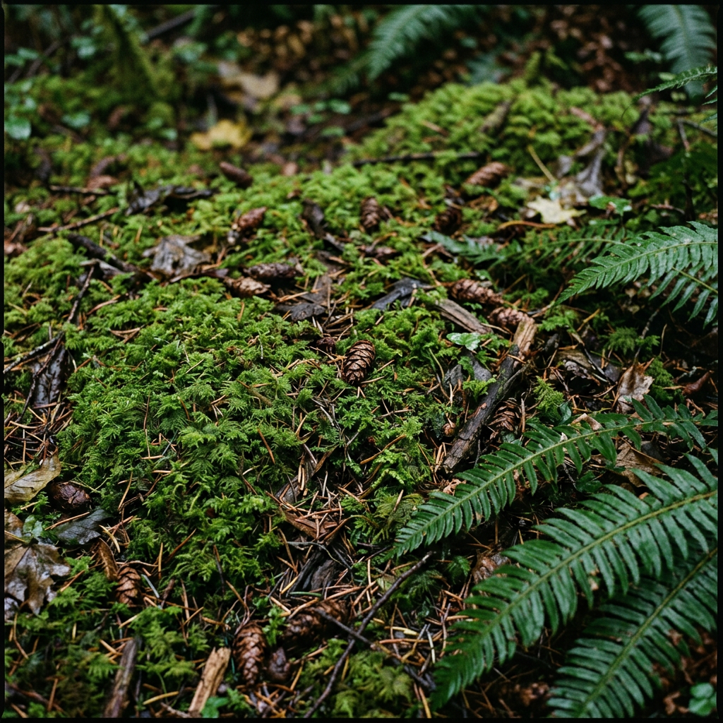 Mossy old-growth floor — what the ground looks like where Candy Cap fruits