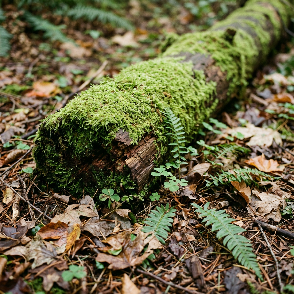 Mossy fallen log — what the ground looks like where Black Cup fruits