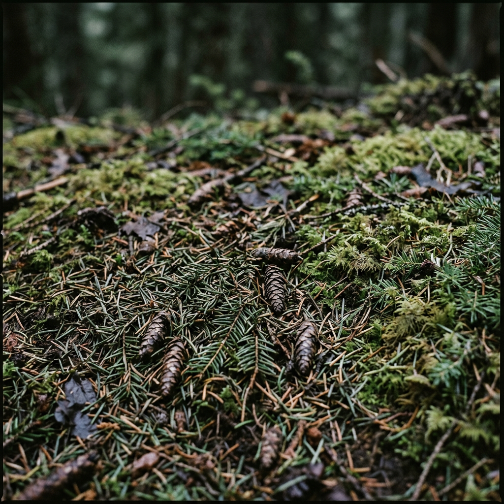 Spruce-fir duff — what the ground looks like where Bleeding Tooth fruits