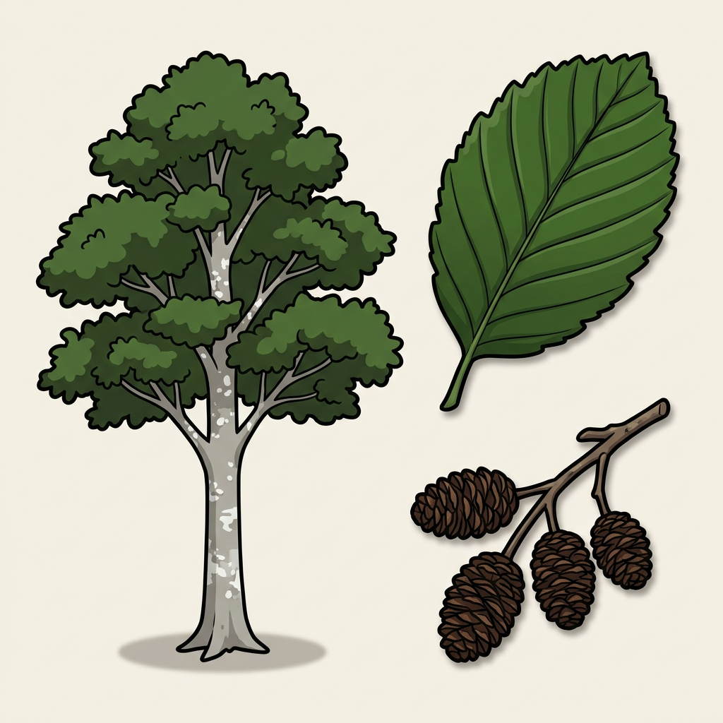 Alder — whole tree, leaf, and seed