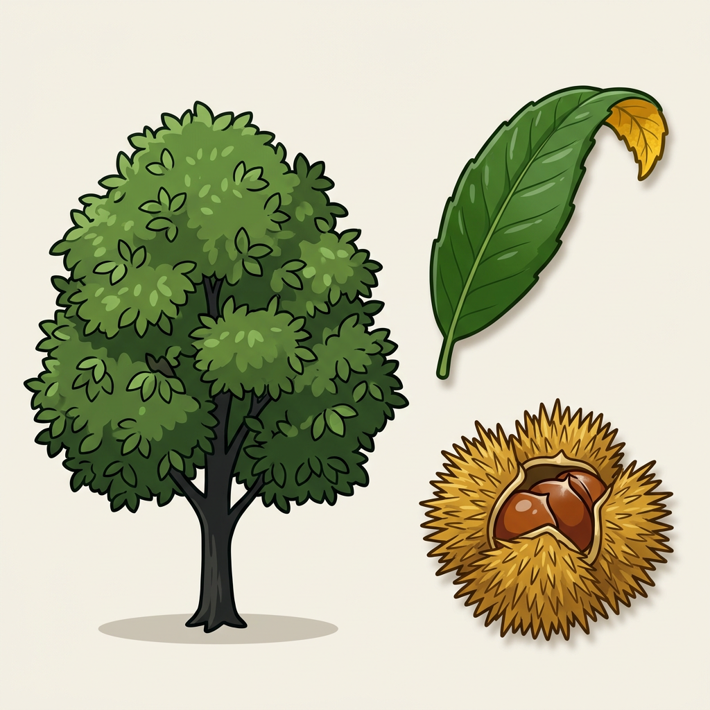 Golden Chinquapin — whole tree, leaf, and seed