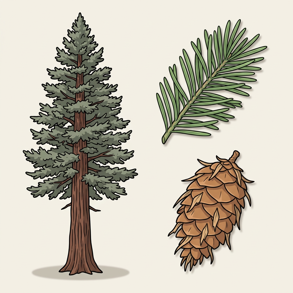 Douglas-fir — whole tree, leaf, and seed