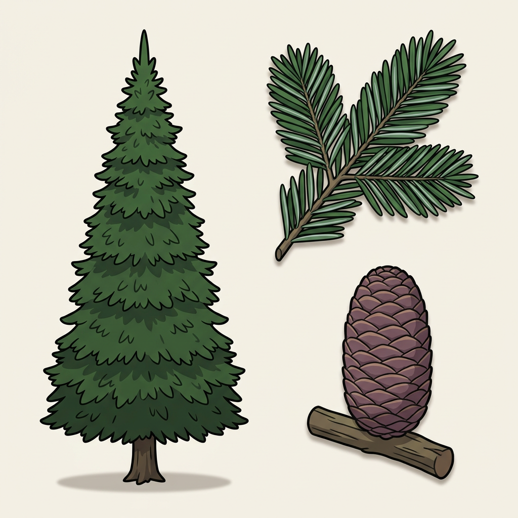 Fir — whole tree, leaf, and seed