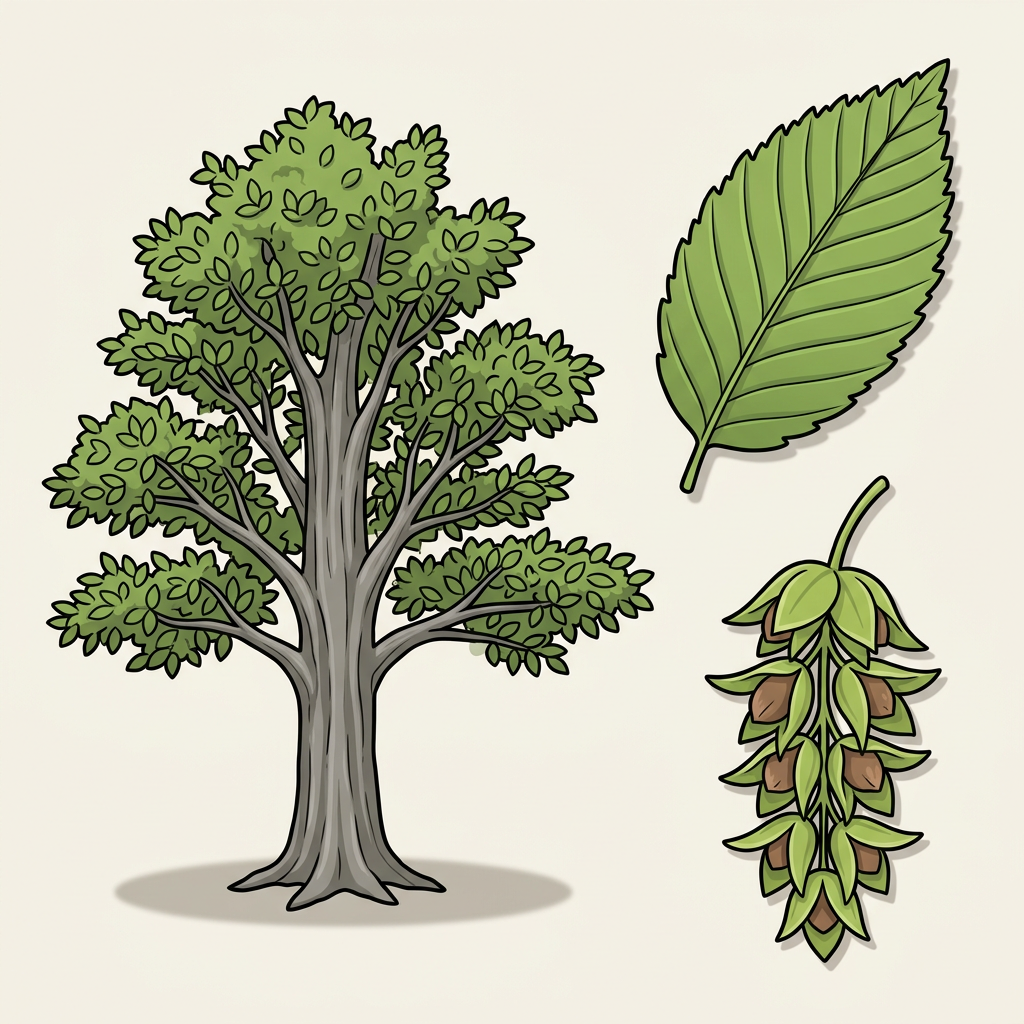 Hornbeam / Ironwood — whole tree, leaf, and seed