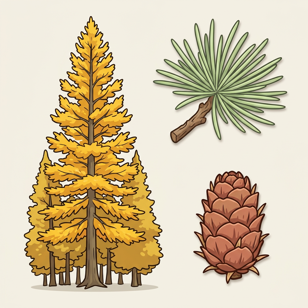 Larch / Tamarack — whole tree, leaf, and seed