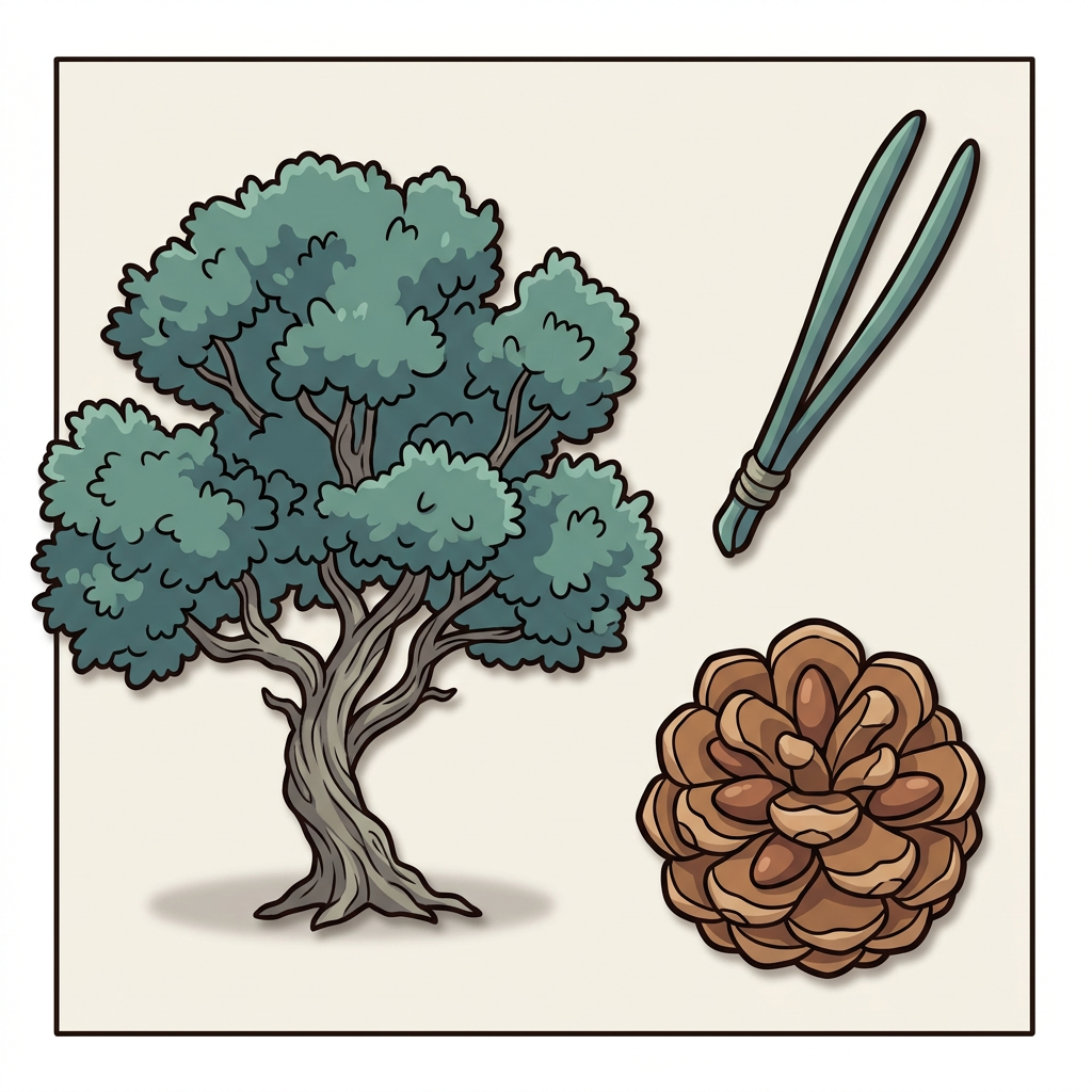 Pinyon Pine — whole tree, leaf, and seed