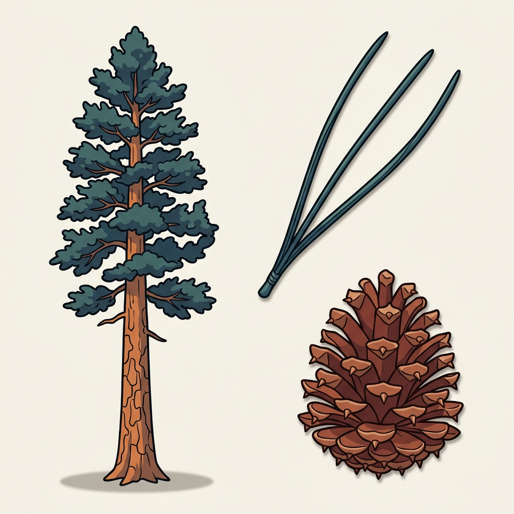 Ponderosa Pine — whole tree, leaf, and seed