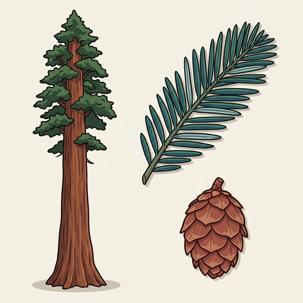 Coast Redwood — whole tree, leaf, and seed