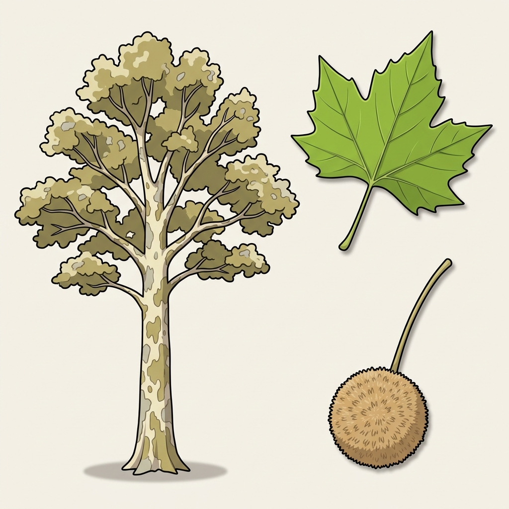 Sycamore — whole tree, leaf, and seed
