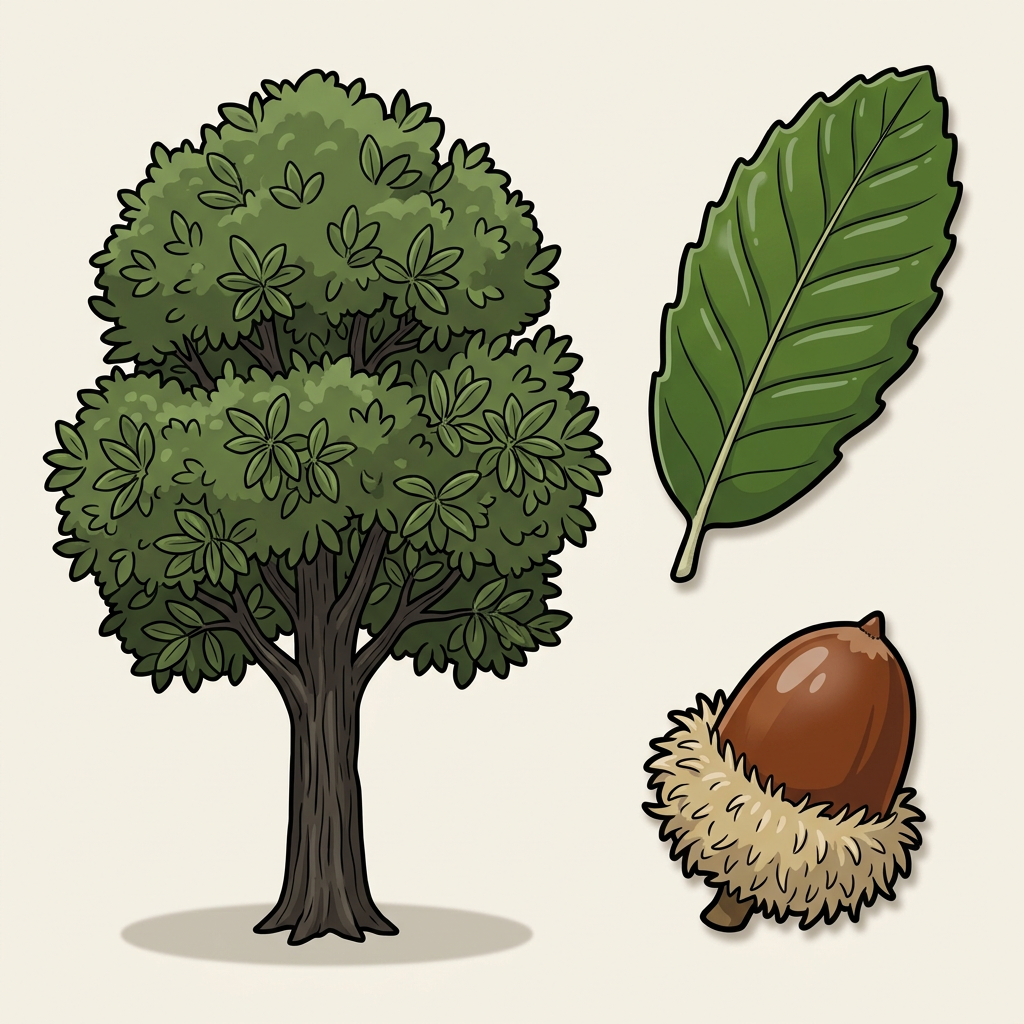 Tanoak — whole tree, leaf, and seed