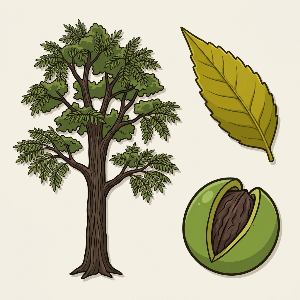 Black Walnut — whole tree, leaf, and seed